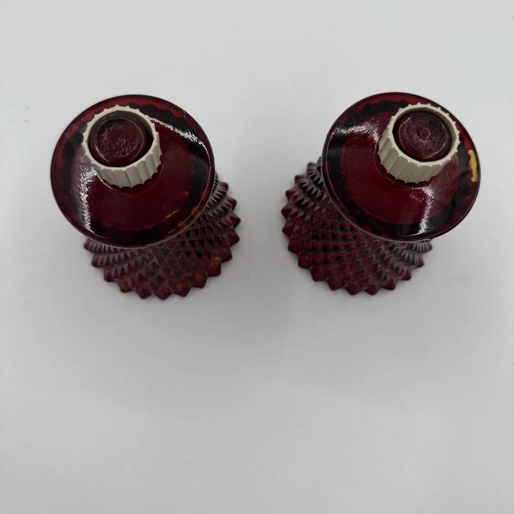 Vintage Homco Ruby Red Diamond Point Pegged Glass Votive 2 Candle Holders